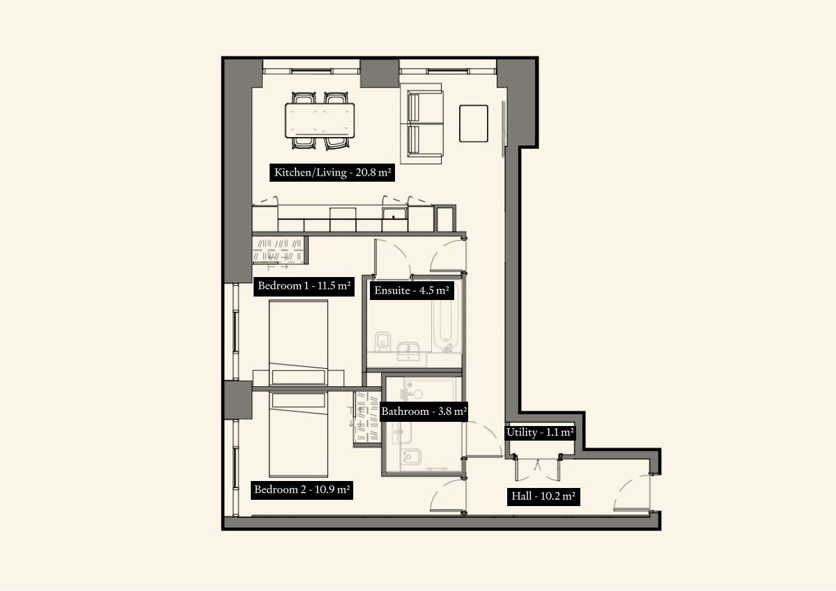 UNCLE Leeds Two Bedroom Floorplan